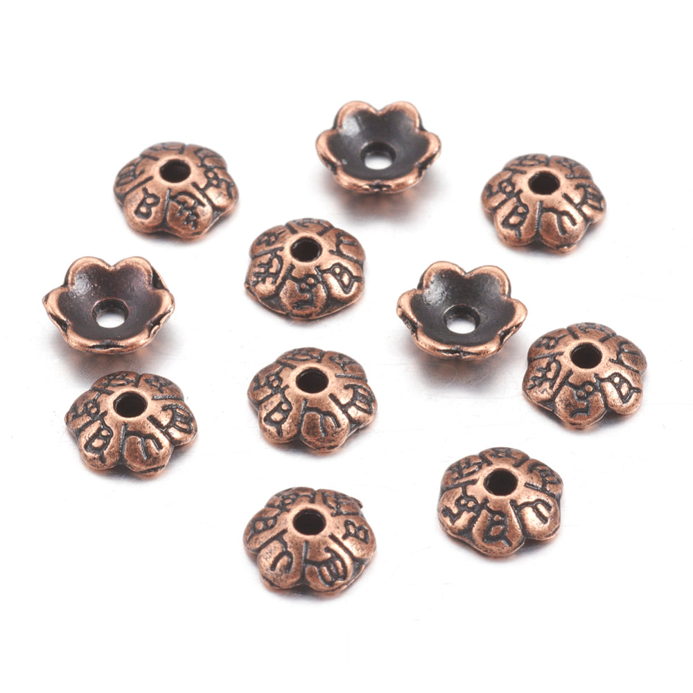Tibetan 6-Petal Embossed Bead Caps, Copper