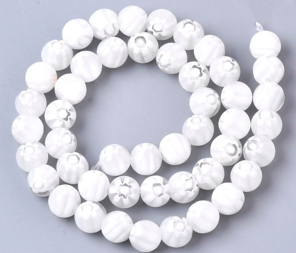 Handmade Millefiori Lampwork, White 8mm