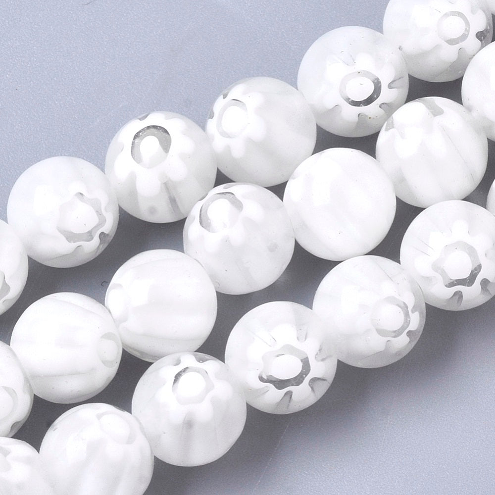 Handmade Millefiori Lampwork, White 8mm
