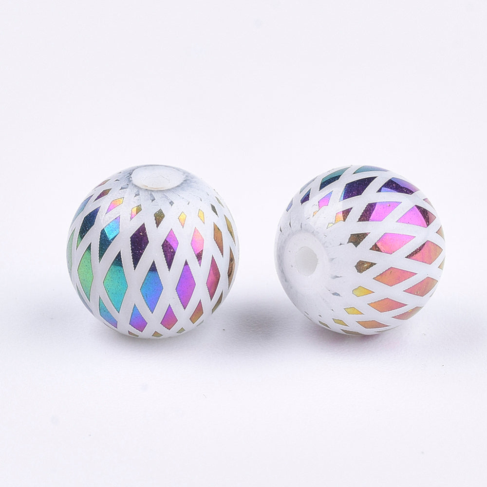 Glass Rhombus Beads, White/Metallic Multi 8-8.5mm