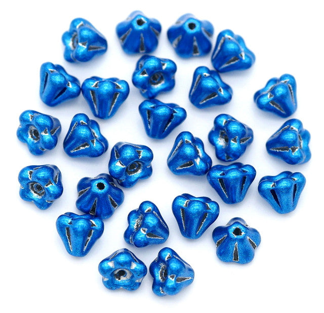 Czech Glass Bell Flowers, Metallic Royal Blue