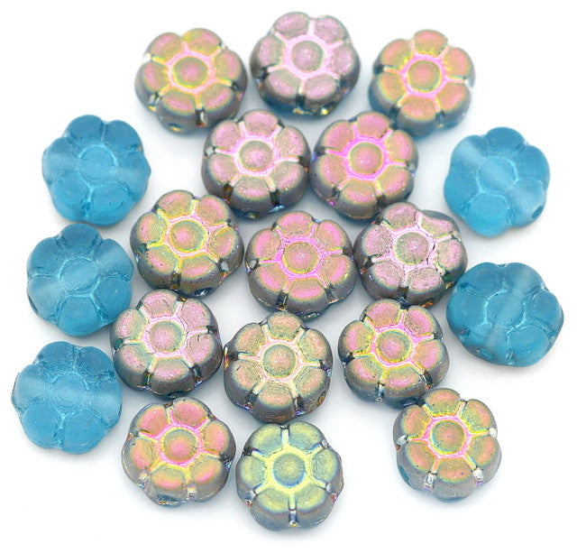 Czech Pressed Hawaiian Flowers, Aqua Vitrail