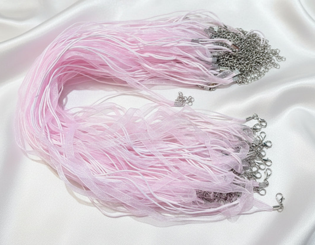 Organza Ribbon & Cord Pink Necklace 4 pack