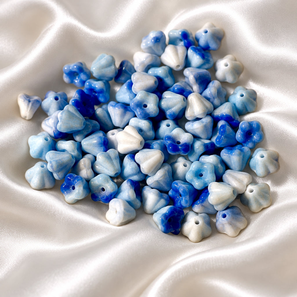 Czech Glass Bell Flowers Blue/White Swirl