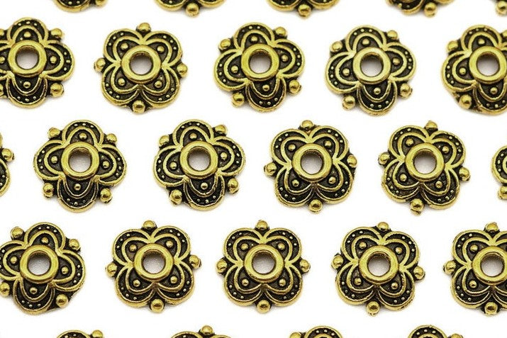 Bead Caps Tibetan Fancy 4-Petal, Antique Gold 8mm