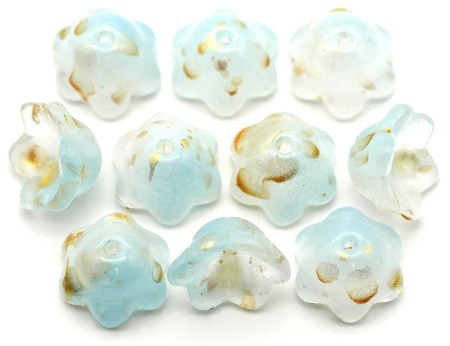 Czech Glass Bell Flowers, Blue Ombre Gold Splash