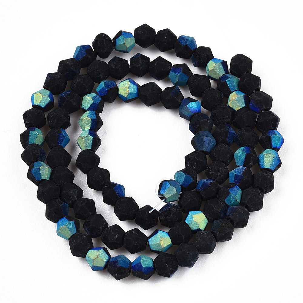 Bicone Crystals, Imitation Austrian, Black Matte Blue AB 4mm