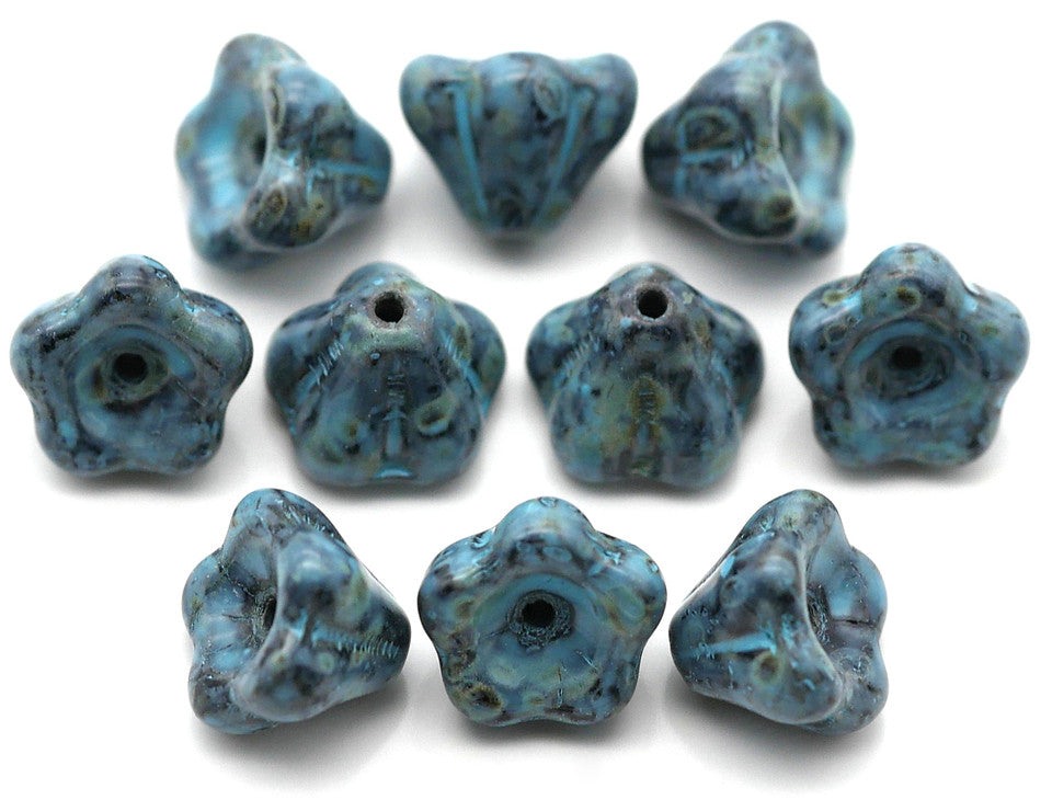 Czech Glass Bell Flowers Pebbled Turquoise