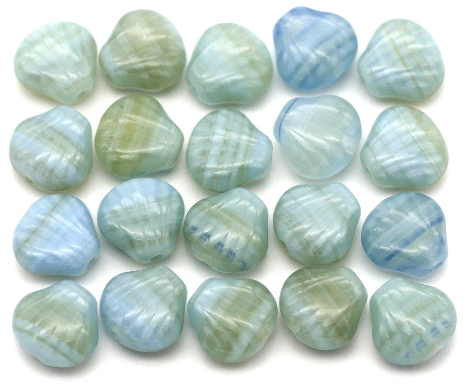 Czech Pressed Glass Scallop Shells Pale Blue/Sage Green