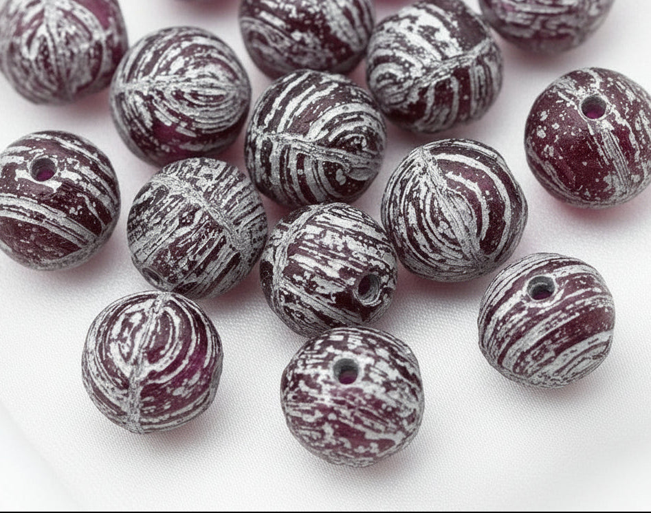 Czech Pressed Druks, Silver Washed Mulberry, 8mm