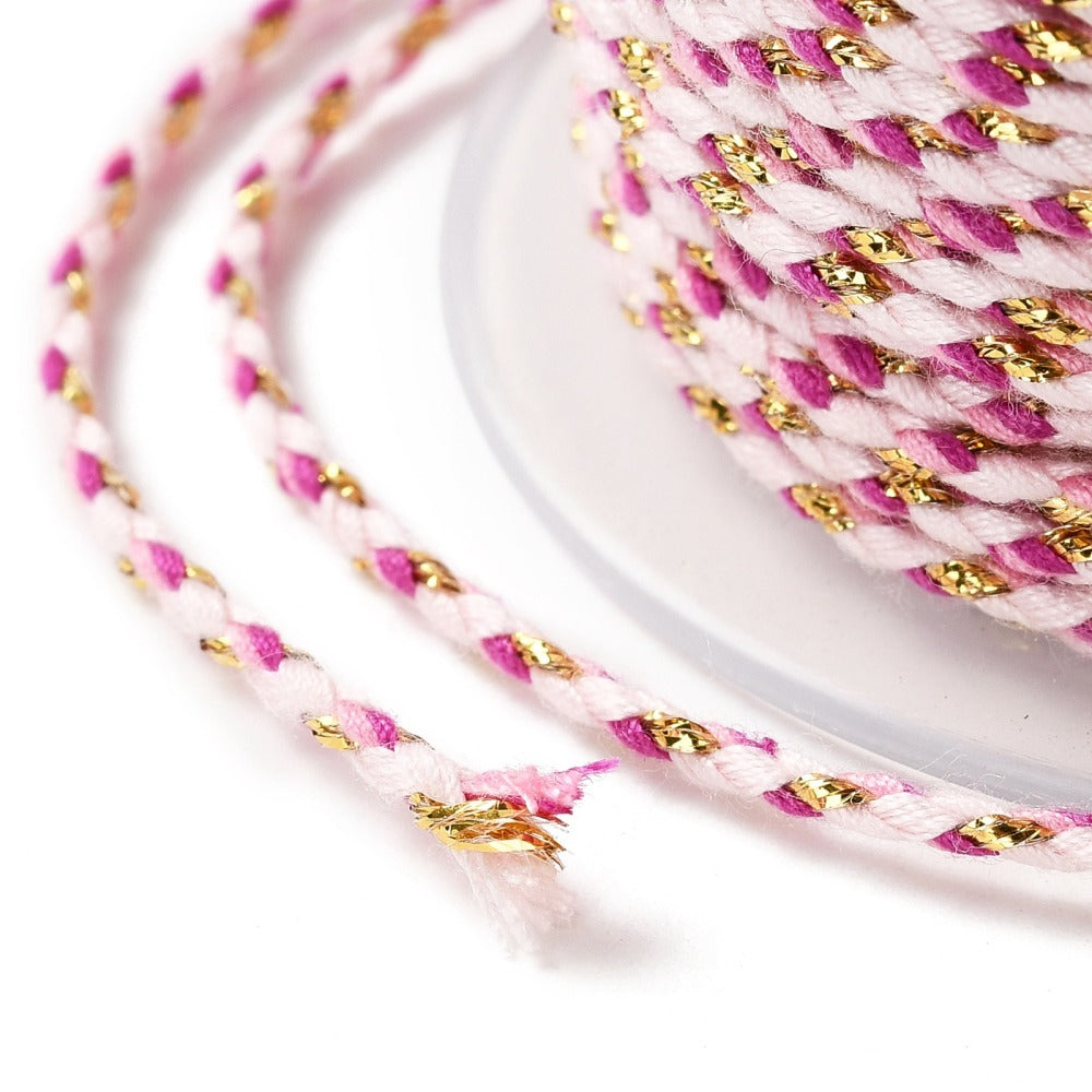 4-Ply Handmade Polycotton Macrame Cord, Mulberry/White/Gold 1.5mm
