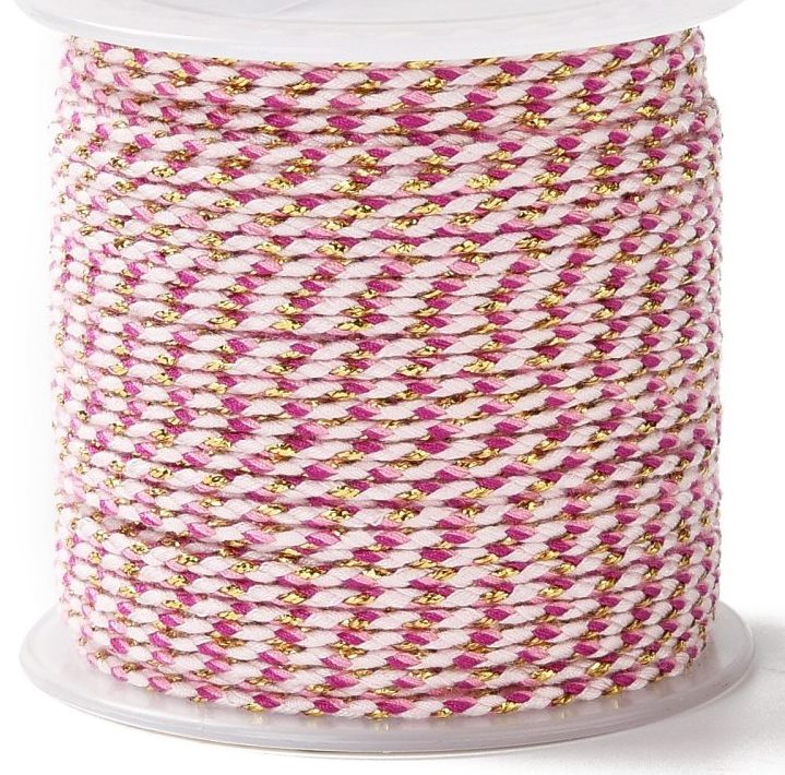 4-Ply Handmade Polycotton Macrame Cord, Mulberry/White/Gold 1.5mm