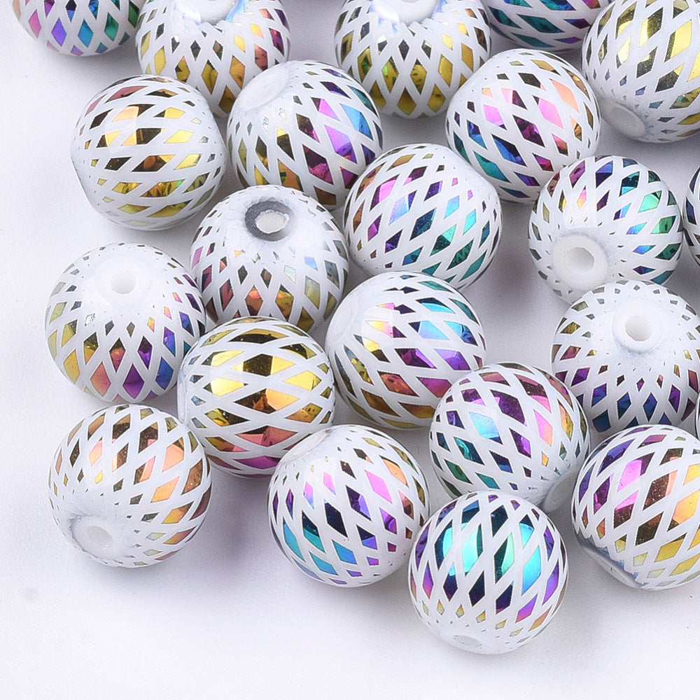 Glass Rhombus Beads, White/Metallic Multi 8-8.5mm