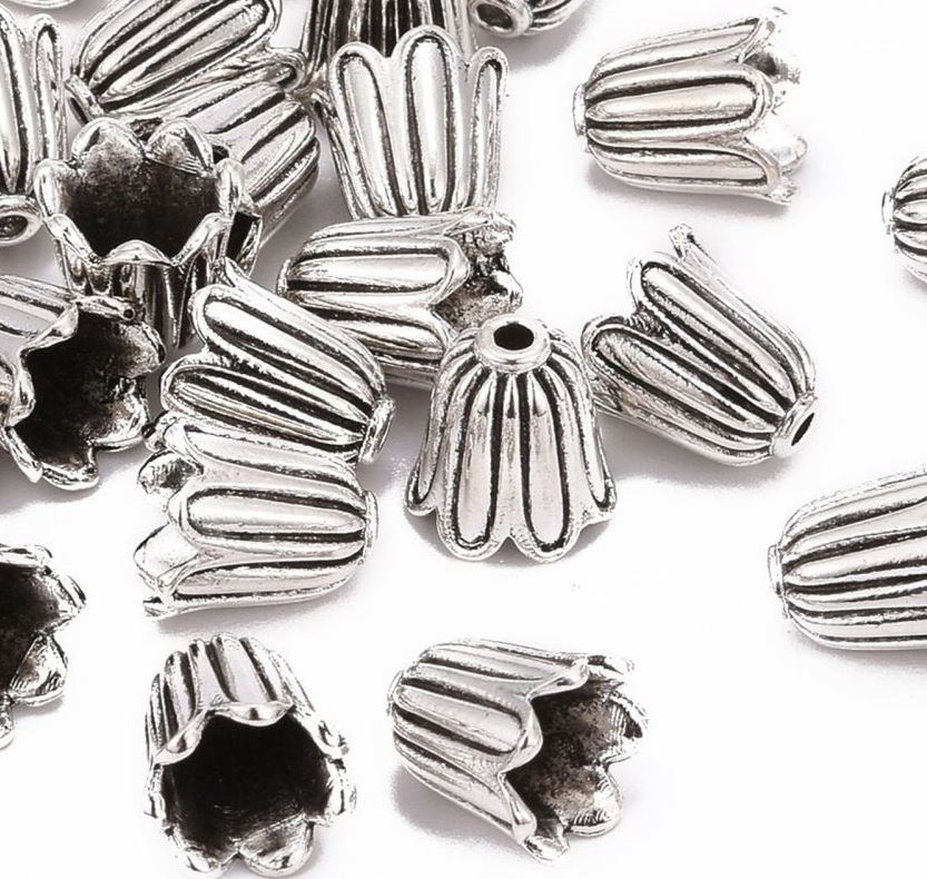 Bead Cones Tibetan Flower Antique Silver 10mm