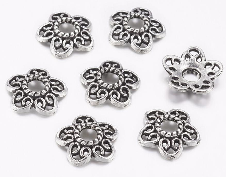 Bead Caps Tibetan Flower Antique Silver 10mm