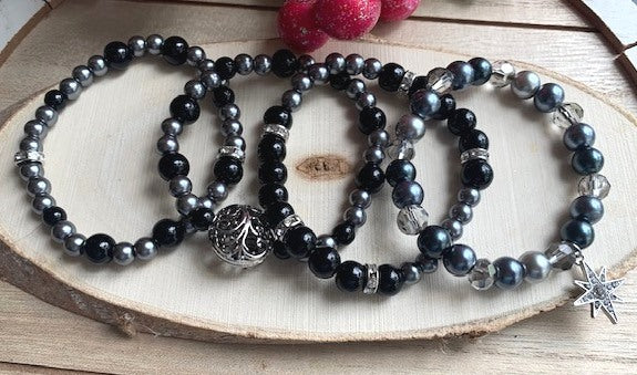 Black and Grey Stretch 4-Set Bracelets