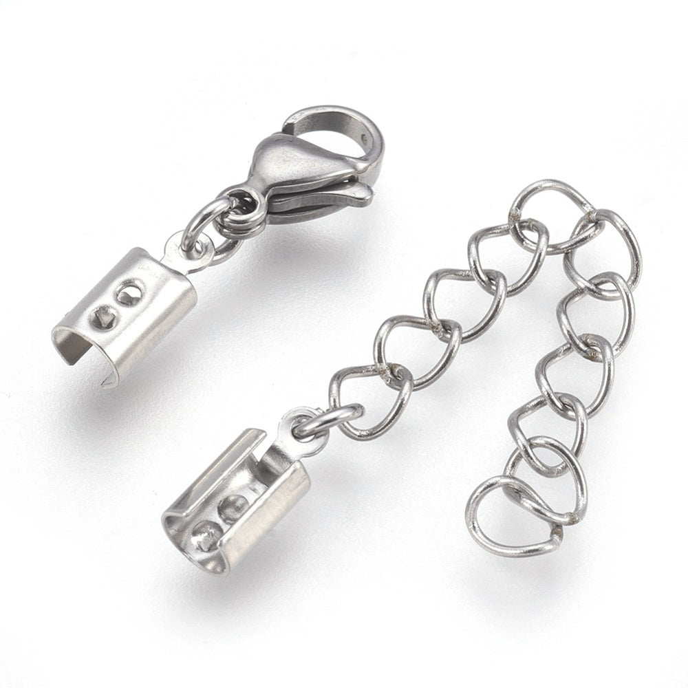 Cord Ends with Lobster Clasp & Extender Chain Stainless Steel