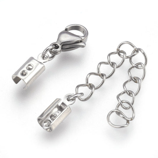 Cord Ends with Lobster Clasp & Extender Chain Stainless Steel