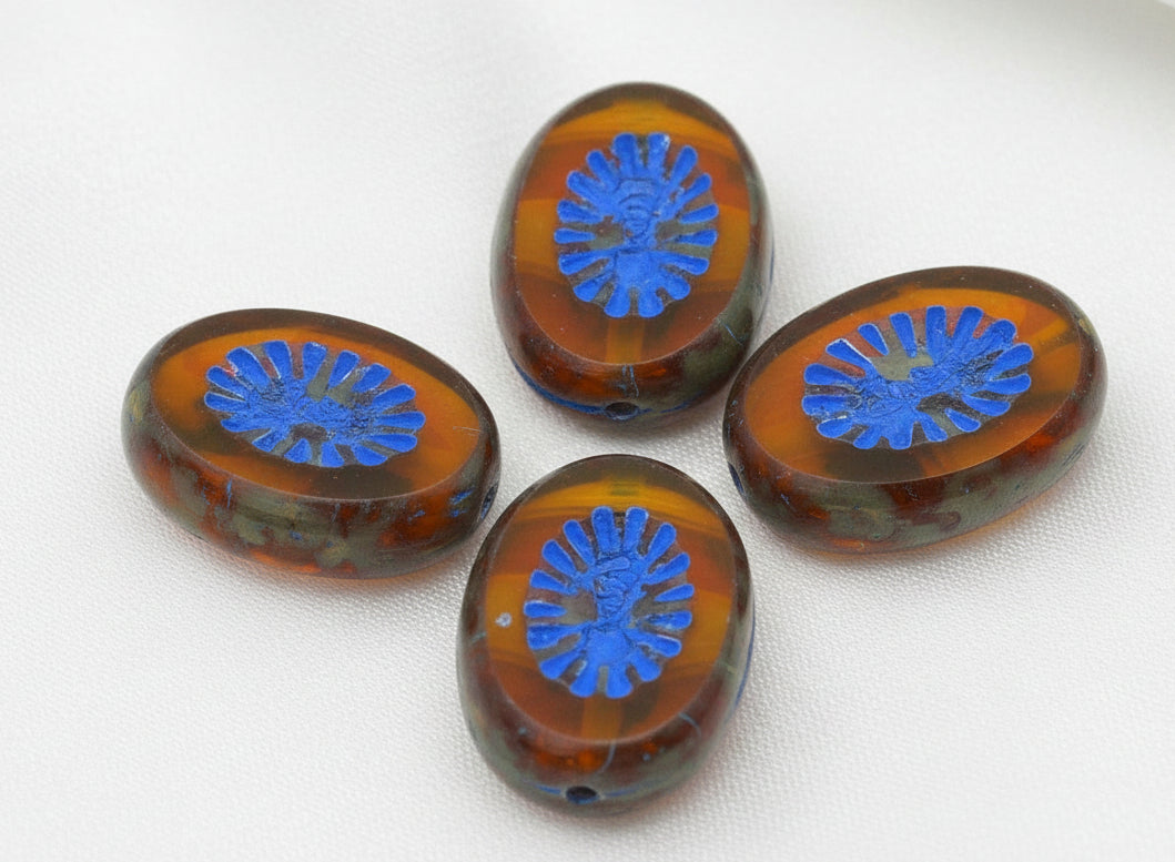 Czech Glass Table-Cut Kiwi Ovals Orange Opal Denim Wash