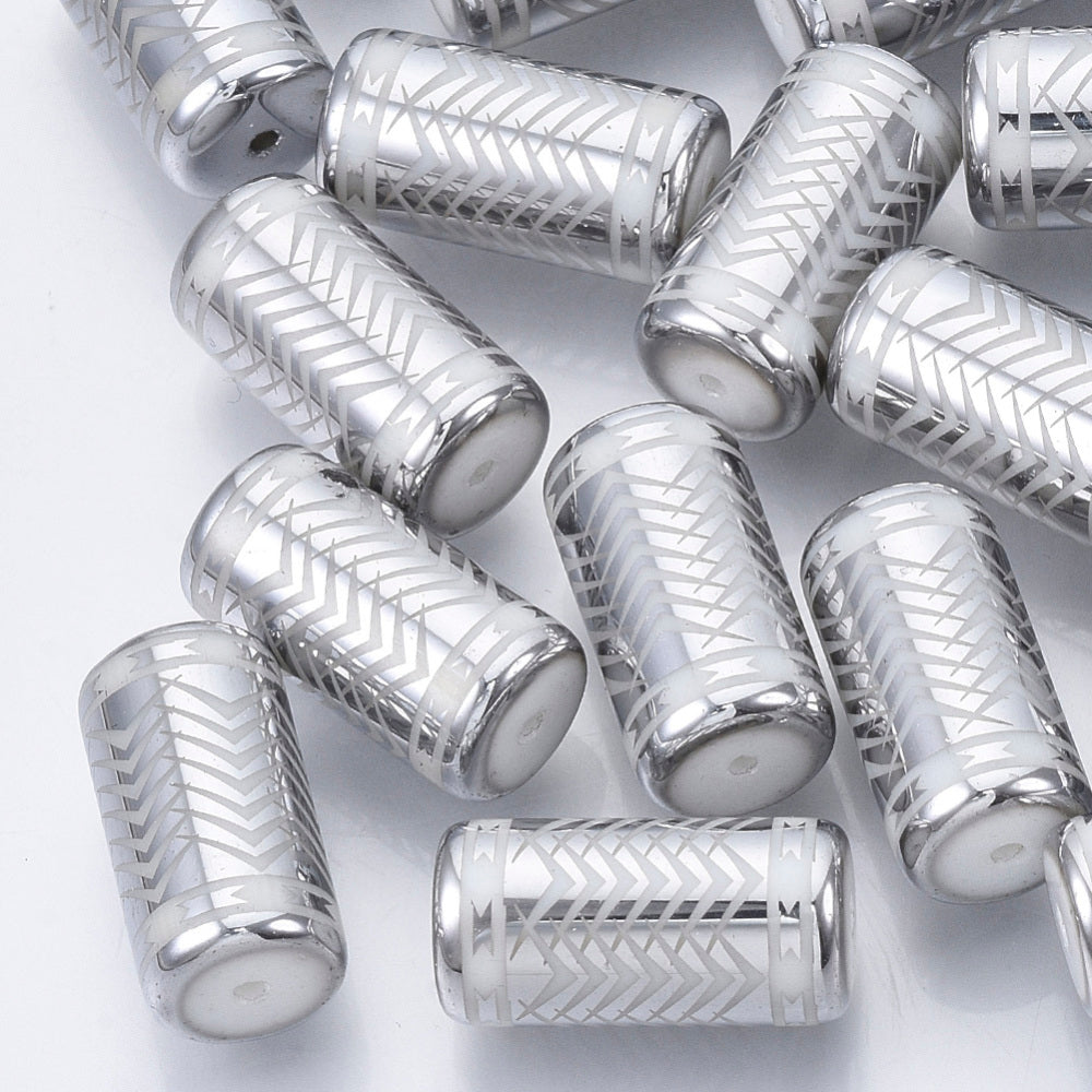 Column Beads, Silver/White Chevron