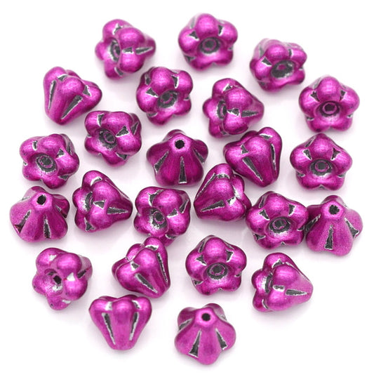 Czech Glass Bell Flowers, Metallic Magenta