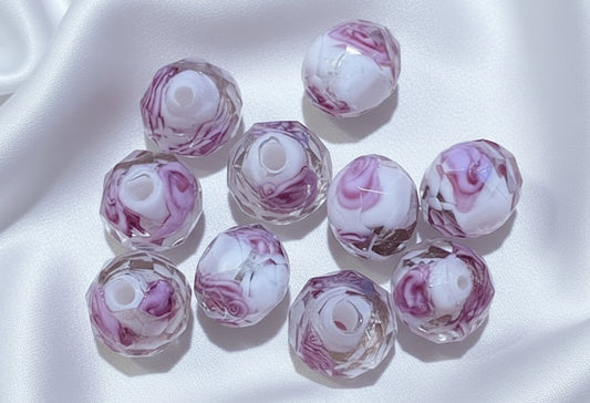 Faceted Lampwork Beads, White Pink Flower, 10mm