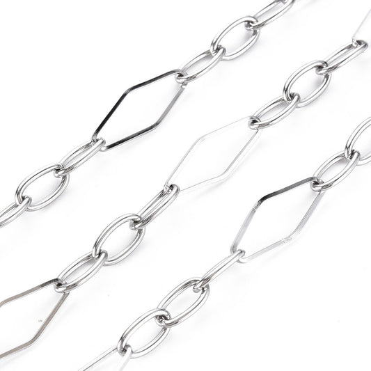 Rhombus & Oval Figaro Chain Stainless Steel by the yard