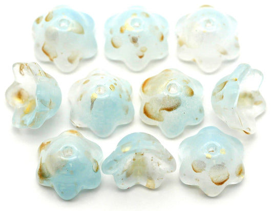 Czech Glass Bell Flowers, Blue Ombre Gold Splash