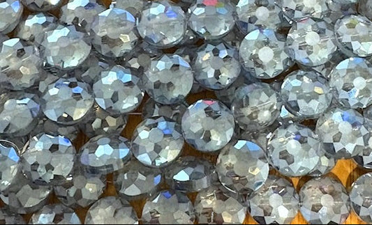 Glass Faceted Discs, Blue Silver 14mm