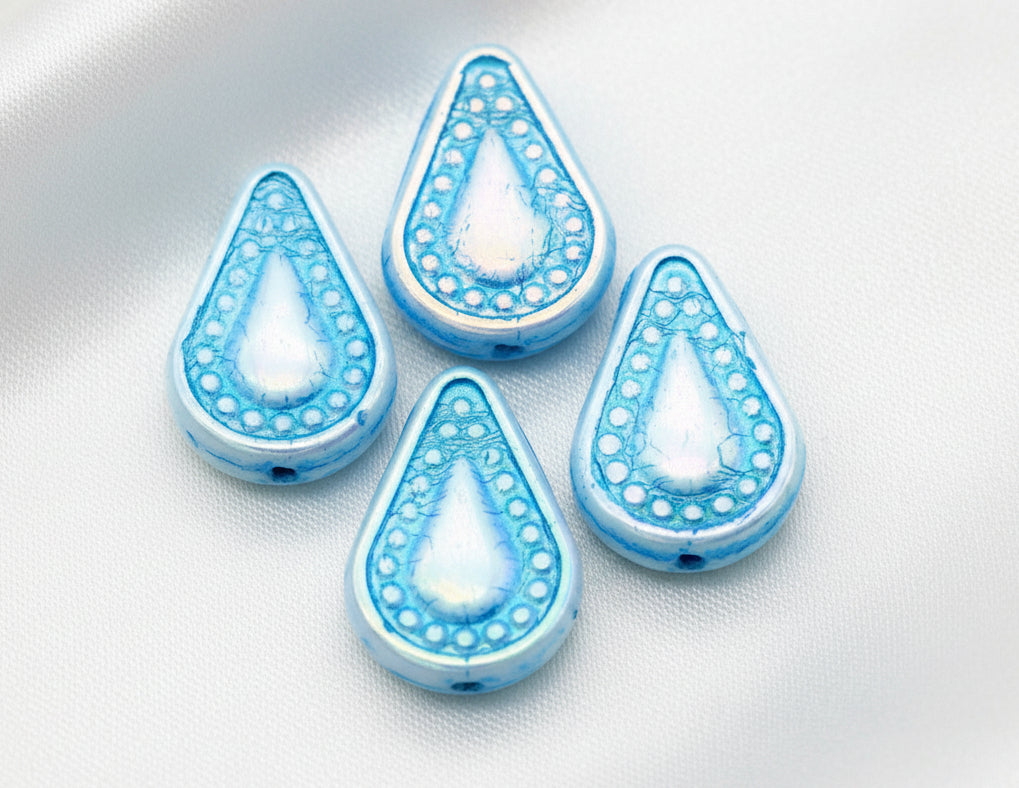 Czech Glass Filigree Teardrops Blue Wash