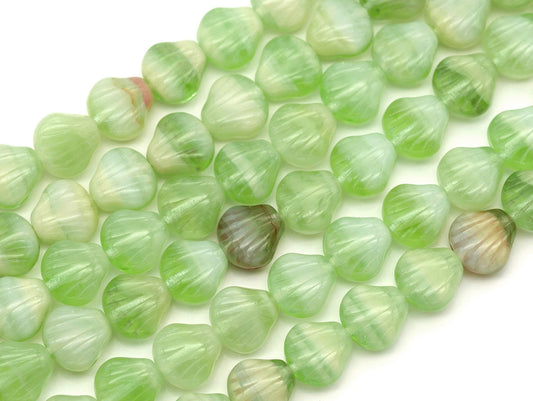 Czech Pressed Glass Scallop Shells Green Swirl