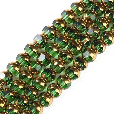 Glass Window Beads, Green/Gold 7mm