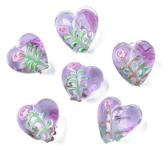 Lampwork Heart Beads, Purple/Etched Flower