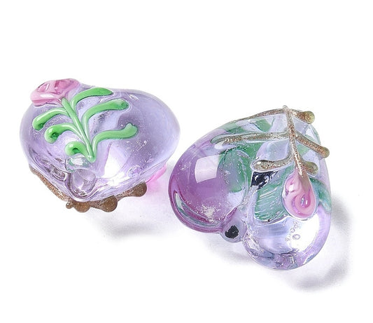 Lampwork Heart Beads, Purple/Etched Flower