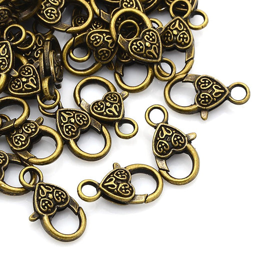 Lobster Clasp with Heart, Antique Bronze 26mm