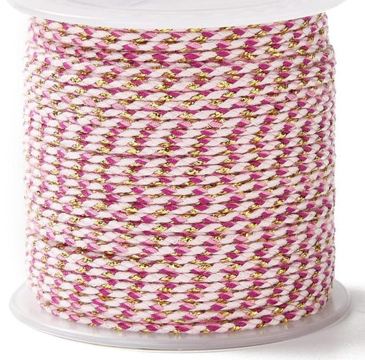 4-Ply Handmade Polycotton Macrame Cord, Mulberry/White/Gold 1.5mm